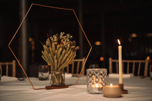 wedding reception table centrepiece with candles.